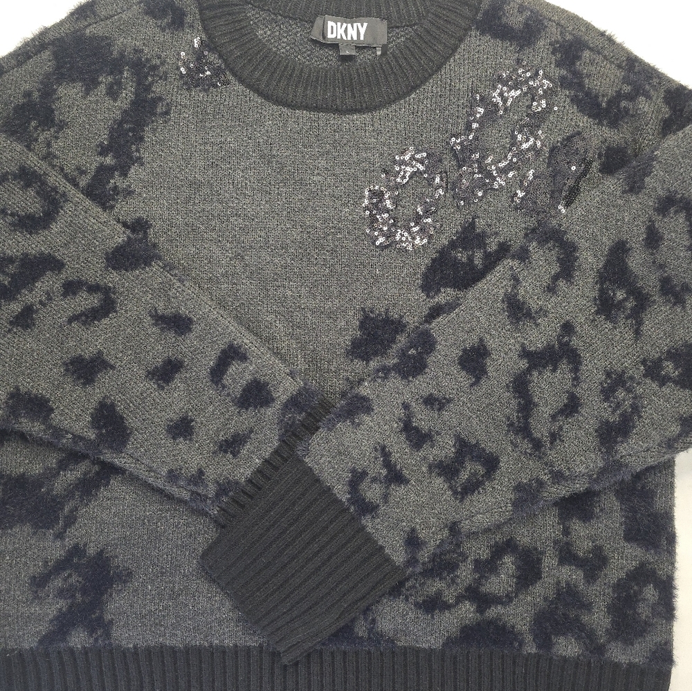 DKNY Sequin Sweater Gray Black Leopard Print Fuzzy Knit Long Sleeve Relaxed L - Picture 3 of 14